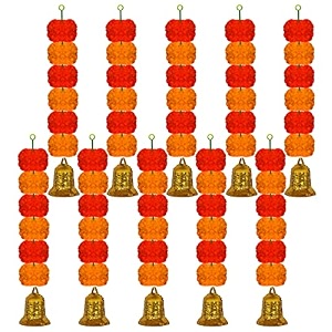 ihandikart artificial handmade 6 flower marigold super-mini garland with bell in the bottomflower decoration color light amp dark orange pack of 10 33605-10