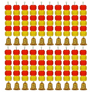 ihandikart artificial handmade 6 flower marigold super-mini garland with bell in the bottomflower decoration color yellow amp dark orange pack of 20 33604-20