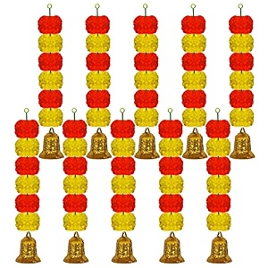 ihandikart artificial pack of 10 marigold flower hanging with golden bell 14 inch decorative door amp window hanging for diwali ganesh chaturthi navratri amp festive home decoration amp mandir decor
