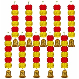 ihandikart marigold garland artificial super mini 6 genda fool with bell in the bottom used for festival decoration color yellow amp red pack of 10 33602-10