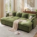 Ihanherry 107" Modular Sectional Cloud Sofa, Convertible Sofa Bed 8 Seat Chenille Couch with Movable Ottomans and 48" Deep Seat, Couches for Living Room, Green