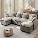 Ihanherry 107" Modular Sectional Cloud Sofa, U Shaped 6 Seat Chenille Couch with Movable Ottomans and 48" Deep Seat, Convertible Couches for Living Room, Grey