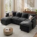 Ihanherry 107" Modular Sectional Cloud Sofa, U Shaped 6 Seat Chenille Couch with Movable Ottomans and 48" Deep Seat, Convertible Couches for Living Room, Black