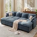 Ihanherry 107" Modular Sectional Cloud Sofa, Convertible Sofa Bed 8 Seat Chenille Couch with Movable Ottomans and 48" Deep Seat, Couches for Living Room, Blue
