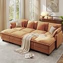 Ihanherry 107" Modular Sectional Cloud Sofa, Convertible Sofa Bed 8 Seat Chenille Couch with Movable Ottomans and 48" Deep Seat, Couches for Living Room, Orange