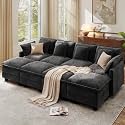 Ihanherry 107" Modular Sectional Cloud Sofa, Convertible Sofa Bed 8 Seat Chenille Couch with Movable Ottomans and 48" Deep Seat, Couches for Living Room, Black