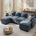 Ihanherry 107" Modular Sectional Cloud Sofa, U Shaped 6 Seat Chenille Couch with Movable Ottomans and 48" Deep Seat, Convertible Couches for Living Room, Blue