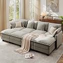 Ihanherry 107" Modular Sectional Cloud Sofa, Convertible Sofa Bed 8 Seat Chenille Couch with Movable Ottomans and 48" Deep Seat, Couches for Living Room, Grey