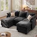 Ihanherry 83" Modular Sectional Cloud Sofa, U Shaped 5 Seat Chenille Couch with Movable Ottomans and 48" Deep Seat, Couches for Living Room, Black