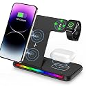 IHAO 3in1 Multifunctional Foldable Wireless Charging Station with LED Ambient Night Light Fast QC3.0 Charger for Phone, iWatch, Headphone Space-Saving Auto-Shutoff &amp; Overcharge Protection-Black