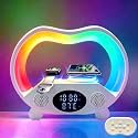 IHAO 6in1 Multi Functional Wireless Charger Bluetooth Speaker Time&amp;Temperature Display Alarm Clock 7-Color LED Night Lights Fast Charger for Phone Apple Watch Earbuds Remote Control-White
