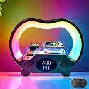 IHAO 6in1 Multi Functional Wireless Charger Bluetooth Speaker Time&amp;Temperature Display Alarm Clock 7-Color LED Night Lights Fast Charger for Phone Apple Watch Earbuds Remote Control-Black