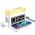 IHAO 6in1 Smart Alarm Clock with Wireless Charger RGB Mood Light 15W Fast Wireless Charging for All Qi Phone TWS Headphone Compliant with i-Watch 7 Color Night Light Large Digital Display-White
