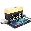 IHAO 6in1 Smart Alarm Clock with Wireless Charger RGB Mood Light 15W Fast Wireless Charging for All Qi Phone TWS Headphone Compliant with i-Watch 7 Color Night Light Large Digital Display-Black