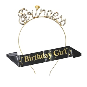 ihs online birthday girl black sash and princess hairbend golden birthday decoration items for girl pack of 2