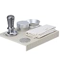 IKAPE 51mm 6-in-1 Espresso Accessory Kit in Silver. Includes a Tamper, Distributor, Magnetic Dosing Funnel, Puck Screen, Silicone Mat Station, and Cleaning Cloth