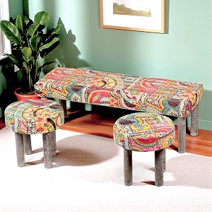 ikiriya asteria sheesham wood bohemian 311 seater benchsetteesrecamiers with 2 stools in israel print patchwork kantha for living room  bedroom  hallway  balcony  home  dining room caf