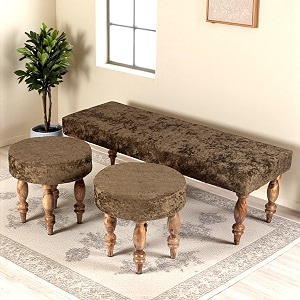 ikiriya cairo sheesham wood accent 311 seater benchsetteesrecamiers with 2 stools in green sparkle velvet for living room  bedroom  hallway  balcony  home  dining room  resort  hotel
