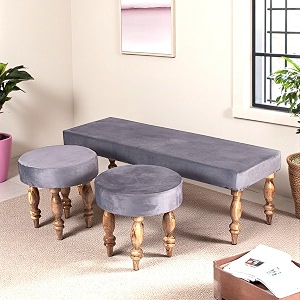 ikiriya cairo sheesham wood accent 311 seater benchsetteesrecamiers with 2 stools in iron grey velvet for living room  bedroom  hallway  balcony  home  dining room  caf  resort hotel