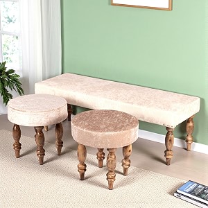 ikiriya cairo sheesham wood accent 311 seater benchsetteesrecamiers with 2 stools in beige sparkle velvet for living room  bedroom  hallway  balcony  home  dining room  caf  resort