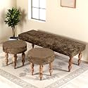 Ikiriya Cairo Sheesham Wood Accent 3+1+1 Seater Bench/Settees/Recamiers with 2 Stools in Green Sparkle Velvet for Living Room | Bedroom | Hallway | Balcony | Home | Dining Room | Resort | Hotel
