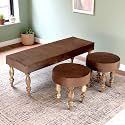 Ikiriya Cairo Sheesham Wood Accent 3+1+1 Seater Bench/Settees/Recamiers with 2 Stools in Taupe Brown Velvet for Living Room | Bedroom | Hallway | Balcony | Home | Dining Room | Café|Resort| Hotel