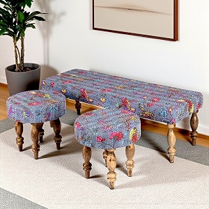 ikiriya cairo sheesham wood mid century 311 seater benchsetteesrecamiers with 2 stools in grey brid print kantha for living room  bedroom  hallway  balcony  home  dining room  caf