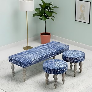 ikiriya cairo sheesham wood mid century 311 seater benchsetteesrecamiers with 2 stools in indigo patchwork kantha for living room  bedroom  hallway  balcony  home  dining room  caf