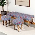 Ikiriya Cairo Sheesham Wood Mid Century 3+1+1 Seater Bench/Settees/Recamiers with 2 Stools in Grey Brid Print Kantha for Living Room | Bedroom | Hallway | Balcony | Home | Dining Room | Café