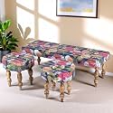 Ikiriya Cairo Sheesham Wood Mid Century 3+1+1 Seater Bench/Settees/Recamiers with 2 Stools in Fruit Print Blue Kantha for Living Room | Bedroom | Hallway | Balcony | Home | Dining Room | Café