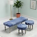 Ikiriya Cairo Sheesham Wood Mid Century 3+1+1 Seater Bench/Settees/Recamiers with 2 Stools in Indigo Patchwork Kantha for Living Room | Bedroom | Hallway | Balcony | Home | Dining Room | Café