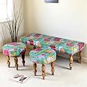 Ikiriya Cairo Sheesham Wood Mid Century 3+1+1 Seater Bench/Settees/Recamiers with 2 Stools in Sea Green Fruit Print Kantha for Living Room | Bedroom | Hallway | Balcony | Home | Dining Roo | Café
