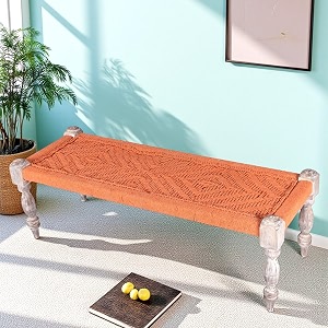 ikiriya hamilton sheesham wood 2 seater maachi bench wooden patio bench for living room home and garden- orange rope canning rustic grey matte finish - 17 x 48 x 16 inch