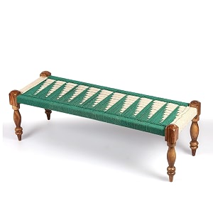 ikiriya hamilton sheesham wood 2 seater maachi bench  patio bench in green amp white rope canning 4 feet width 1 yr warranty - 48 x 17 x 16 inch