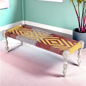 ikiriya hamilton sheesham wood 2 seater maachi bench wooden patio bench for living room home and garden- assorted chindi amp yellow rope canning rustic grey matte finish - 17 x 48 x 16 inch
