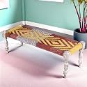 Ikiriya Hamilton Sheesham Wood 2 Seater Maachi Bench Wooden Patio Bench for Living Room Home and Garden- Assorted Chindi & Yellow Rope Canning (Rustic Grey Matte Finish) - 17 x 48 x 16 Inch