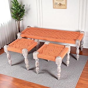 ikiriya hamilton sheesham wood vintage 311 seater maachi benchcharpaikhatiyarajasthani traditional setteesrecamiers with 2 stools in orange rope canning for living room  bedroom