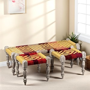ikiriya hamilton sheesham wood vintage 311 seater maachi benchcharpaikhatiyarajasthani traditional setteesrecamiers with 2 stools in multi colour chindi amp yellow rope canning for living room