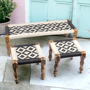 ikiriya sheesham wood maachi bench set with 2 stools for home living room and outdoor -classic black amp white canning - 48 x 17 x 16 inch