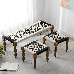 ikiriya sheesham wood maachi bench set with 2 stools for home living room and outdoor -classic black amp white canning - 48 x 17 x 16 inch