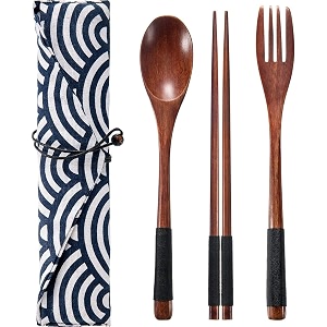 iktu 3pcs reusable spoon chopsticks fork set - natural bamboo wooden cutlery set portable reusable wooden travel cutlery gift set with pouch flatware reusable fork spoon chopsticks set pouch design may vary black thread