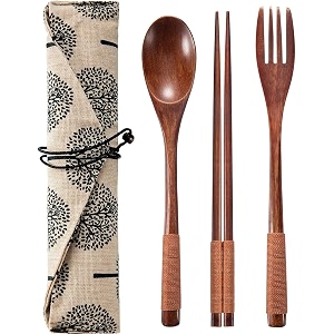 iktu 3pcs reusable bamboo wooden cutlery set - portable flatware gift set with pouch brown thread