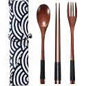 Iktu 3pcs Reusable Spoon Chopsticks Fork Set - Natural Bamboo Wooden Cutlery Set Portable, Reusable Wooden Travel Cutlery Gift Set with Pouch, Flatware Reusable Fork Spoon Chopsticks Set (Pouch Design May Vary) (Black Thread)