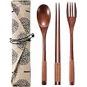 Iktu 3Pcs Reusable Bamboo Wooden Cutlery Set - Portable, Flatware Gift Set With Pouch, Brown Thread