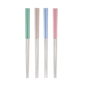 iktu 4 pairs reusable chopsticks set - stainless steel japanese chopsticks lightweight easy to use chop sticks for sushi noodles and other asian food silver wheat grip