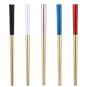 iktu 5 pairs reusable chopsticks set - stainless steel japanese chopsticks lightweight easy to use chop sticks with case for sushi noodles and other asian food gold - 5 pair