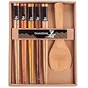 Iktu 5 Pairs Reusable Chopsticks Set - Natural Bamboo Japanese Chopsticks, Lightweight Easy to Use Chop Sticks with Case for Sushi, Noodles and Other Asian Food (Wooden- 1 Spoon 5 Chopstick)