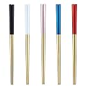 Iktu 5 Pairs Reusable Chopsticks Set - Stainless Steel Japanese Chopsticks, Lightweight Easy to Use Chop Sticks with Case for Sushi, Noodles and Other Asian Food (Gold - 5 Pair)