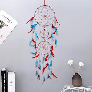 ilu dream catcher wall hangings home decor handmade dreamcatcher for bedroom balcony garden party cafe small ring beaded red amp light blue feathers 17cm diameter length 80cm