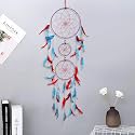 ILU® Dream Catcher, Wall Hangings, Home Decor, Handmade Dreamcatcher for Bedroom, Balcony, Garden, Party, Cafe, Small Ring Beaded Red & Light Blue Feathers, 17cm Diameter, Length 80cm
